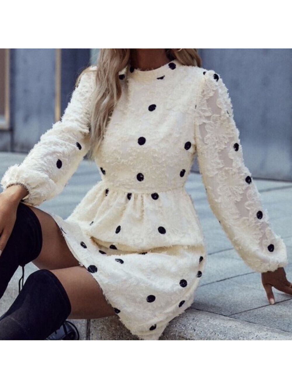 BOHO floral fuzzy polka dot sheer long sleeve dress - Picture 1 of 4